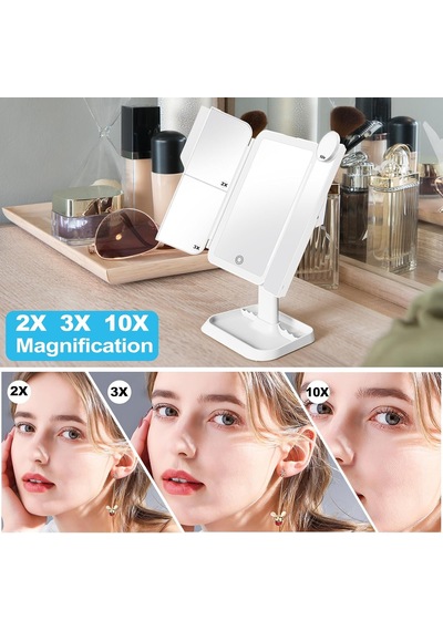 Şarj Edilebilir Üç Katlı Makyaj Aynası Işıklı Makyaj Aynası 1x/2x/3x/10x Büyütmeli Taşınabilir Led Seyahat Genel