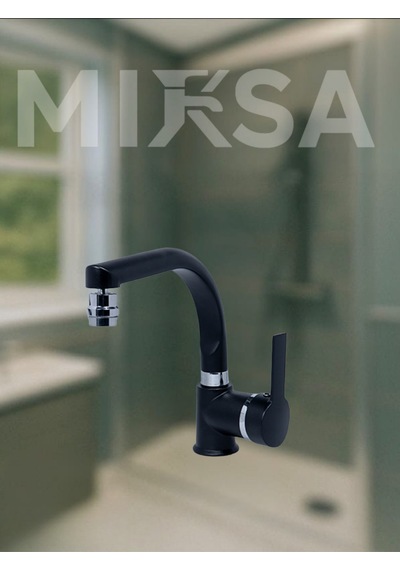 Siyah-krom Armut Balıksırtı Borulu Oynar Başlıklı Perlatörlü Banyo Lavabo Bataryası, Çiftsugirişli