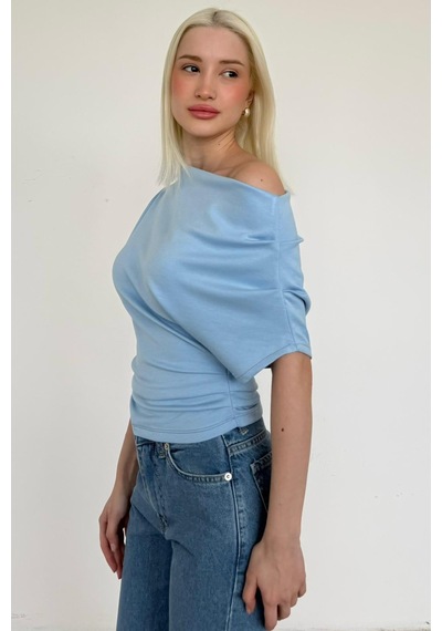 Mavi Tek Omuz Modern Kesim Şık Kadın Bluz Mg2669 Mavi