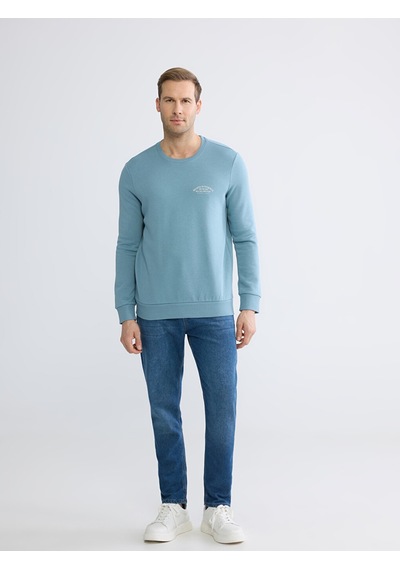 Lcwaıkıkı Classic Mavi Bisiklet Yaka Baskılı Erkek Kalın Sweatshirt
