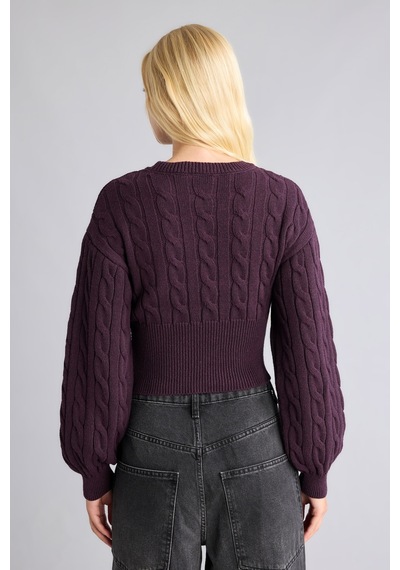 Defacto Regular Fit Bisiklet Yaka Saç Örgülü Bağcık Detaylı Triko Crop Kazak I9174ax26wnpr201 Mor-pr201