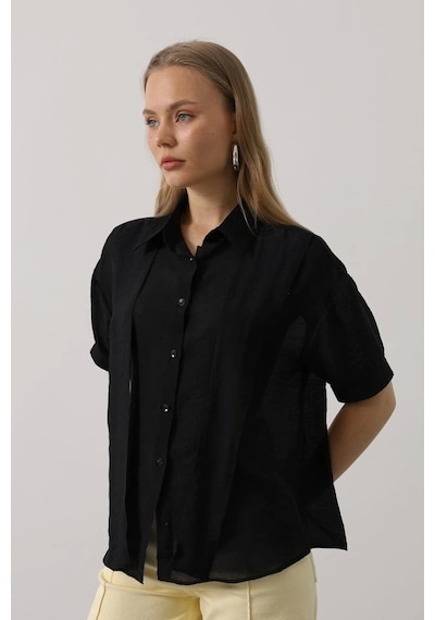 Defymoda Atkı Detaylı Yarım Kol Gömlek - Siyah Siyah