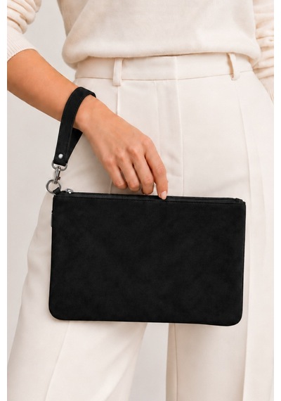 Adelina Bags Süet Portföy El Çantası Bilek Askılı Astarlı Clutch Çanta Siyah
