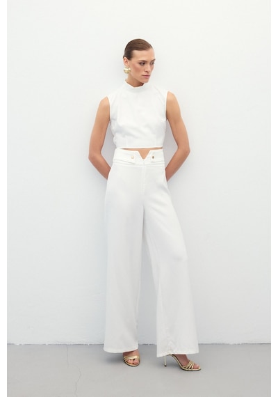 Sateen Bel Detaylı Pantolon - Ekru-135630 Ekru