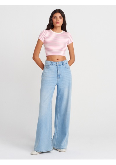 Dilvin 31889 Çizgili Crop Top-ekru-pembe Ekru - Pembe