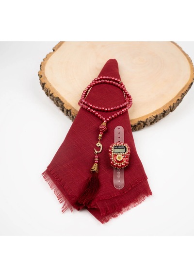 Flamlı Eşarp 96x96 Cm + Tesbih + Zikirmatik Hediye Seti Bordo