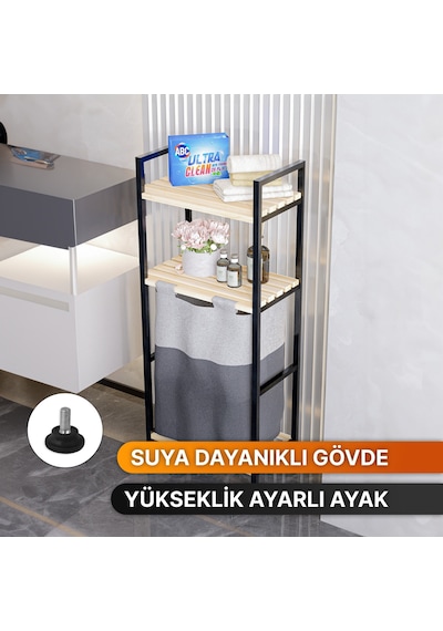 Bino Ahşap Raflı 2 Katlı Büyük Boy Kapaklı Çamaşır Kirli Sepeti Çok Amaçlı Banyo Düzenleyici Siyah