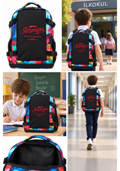 İlkokul Okul Çantası Slazenger Öğrenci Günlük Sırt Çantası 40x30x15 Cm Desenli