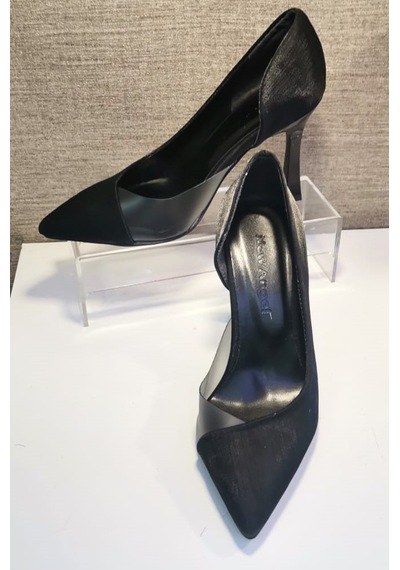 New Angel 853 Kadın Topuklu Şeffaf Detaylı Stiletto Ayakkabı Siyah Saten Siyah
