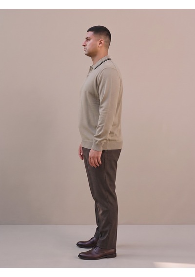 Maccali Erkek Bej Büyük Beden Gizli Fermuarlı Polo Yaka Triko Sweatshirt