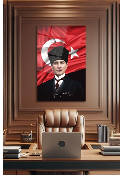 Atatürk Portre Ve Türk Bayrağı Dikey Cam Tablo Evlika, Modern Duvar Dekoru , Kurum Ofis İş Hediyelik Tablo