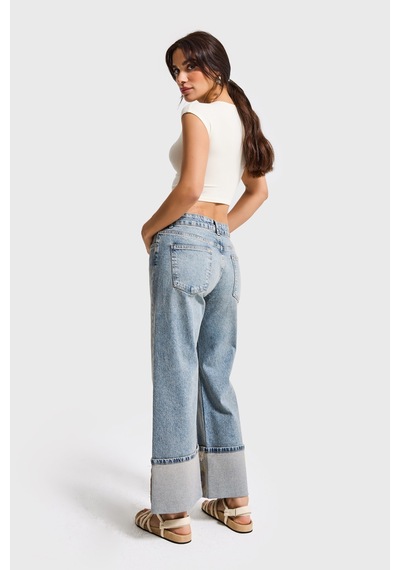 it's basic Kadın Kot Rengi 4s6-65 Straight Fit Corn Turn Up Elastan Kumaş Paça Nakışlı Tasarım Denim Jean Mavi
