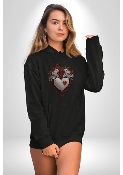 Robot Kalp Atardamar Kadın Erkek Siyah Kapüşonlu Sweatshirt Hoodie Siyah