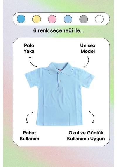 Mavi Kısa Kol Düz Renk Yakalı 6-17 Yaş Çocuk Okul Lakos Tişört Polo Yaka T-shirt Mavi