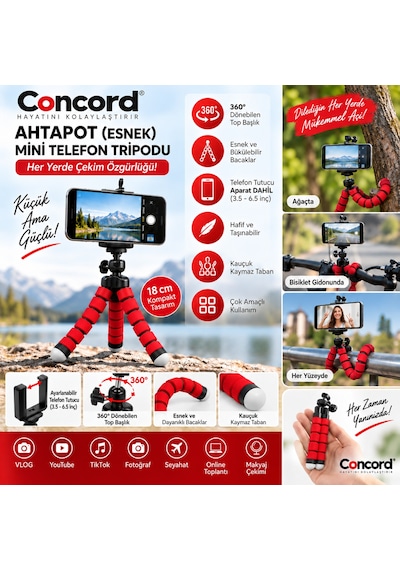 Concord Ahtapot Esnek Mini Telefon Tripodu - 360 Döner Başlıklı - 18 Cm Vlogging & Tiktok Çekim Ayak Kırmızı Katlanabilir