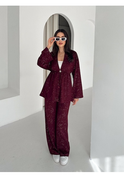 Kadın Simli Uzun Kol Modal Kumaş Kimono Pantolon İkili Takım Şık Ve Rahat Kadın Takım Bordo Kadın Simli Uzun Kol Modal Kumaş Kimono Pantolon İkili Takım Şık Ve Rahat Kadın Takım Bordo