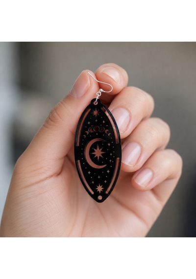 Siyah Akrilik Ay Yıldız Küpe - Astroloji Tasarımlı Ultra Hafif Mistik Kadın Küpesi
