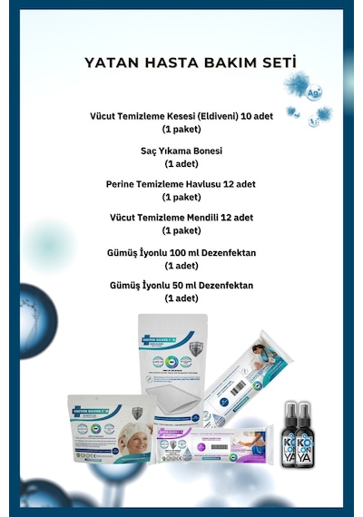 Gümüş İyonlu Yatan ve Evde Hasta Bakım Seti 12'li + Perine Temizleme Mendili