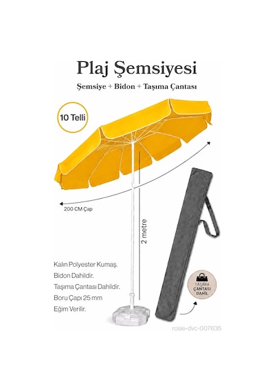 Plaj Şemsiyesi Sarı 200 Cm Çap / 10 Telli + Bidon + Taşıma Çantası Dahil