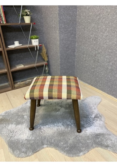 Trend Ceviz Ekose Hardal Ahşap Ayak Uzatma Pufu Makyaj Koltuğu Bench Tabure