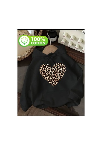 Herkesemoda Leopar Kalp Baskı Detaylı İçi Polarlı Kapüşonlu Sweatshirt Siyah
