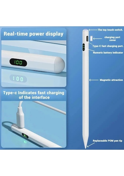 Lexroo Universal Dokunmatik Stylus Kalem Led Göstergeli Manyetik Gövdeli Type-c Şarjlı Hassas Uçlu Standart