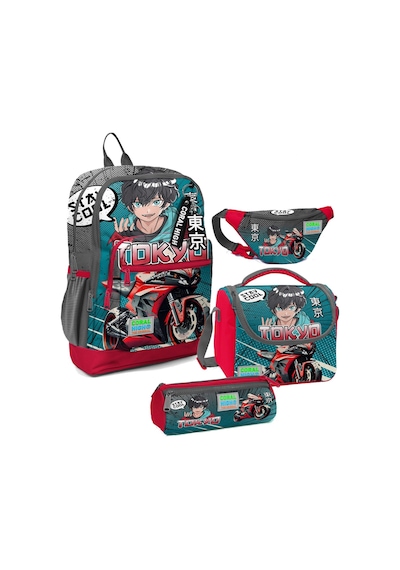 Coral High Erkek Çocuk Gri Nefti Anime Motorsiklet Desenli İlkokul Okul Çanta Seti Ve Bel Çantası