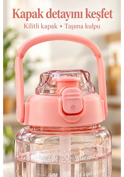 Madamev 3lü Motivasyonel Suluk Matara Seti 2000+750+280ml Pipetli Sticker Askılı Spor Okul Su Şişesi Pembe