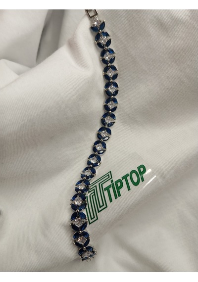 Tiptop/ Rodyum Kaplama 3mm Kare Mavi Zirkon Taşlı Su Yolu Bileklik Gümüş