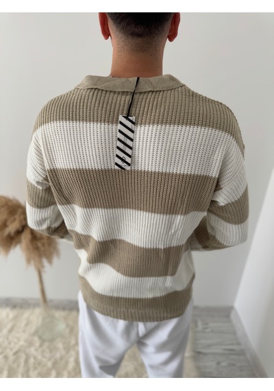 Say-Has Fashion Rahat Kalıp Erkek Polo Yaka Çizgili Triko Kazak Bej