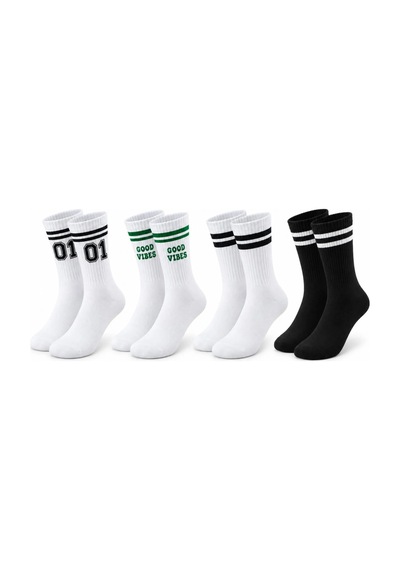 COJans Unisex Çorap Çizgili 4'lü Set 07 Good Vibes Yazılı Siyah Beyaz Uzun Soket Spor Kolej Stil Rahat Şık Çok Renkli