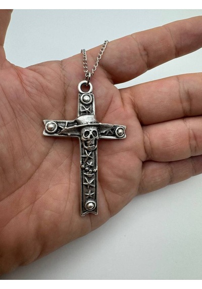 Kuru Kafa Ve Yıldız Desenli Haç Kolye 60 Cm Zincirli, Gotik & Unisex Takı Çok renkli
