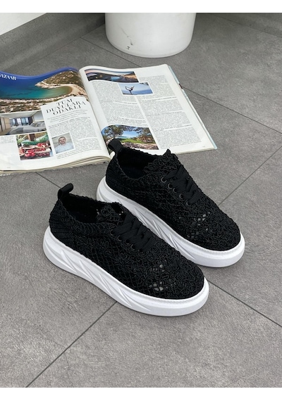 Erva'nın Butiği Siyah Dantel Lace Bağcıklı Kadın Sneakers-5404