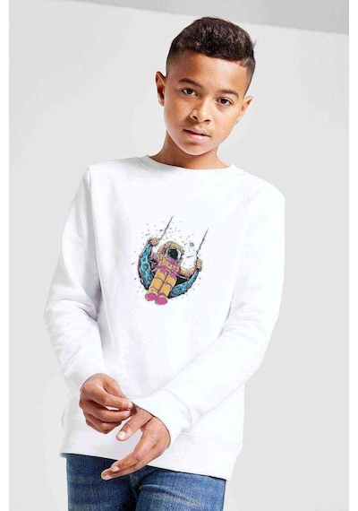 Tshirthane Astronot Ay Salıncak Çocuk Baskılı Unisex Çocuk Beyaz Sweatshirt (534762910) Beyaz