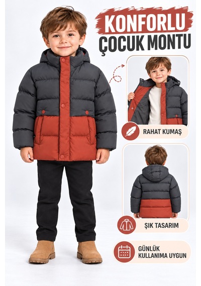 Ahengim Erkek Çocuk Kışlık Şişme Mont Çift Renkli Kapitone Fermuarlı Cepli Ak4307 Gri