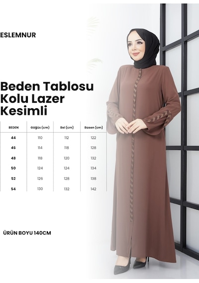 Eslemnur Kolu Lazer Kesimli Taşlı Medine Ipeği Yazlık Ferace Kahverengi