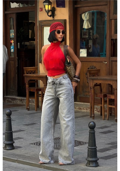 Meecy Kadın Gri Yüksek Bel Wide Leg Bol Paça Jean Pantolon Gri Gri