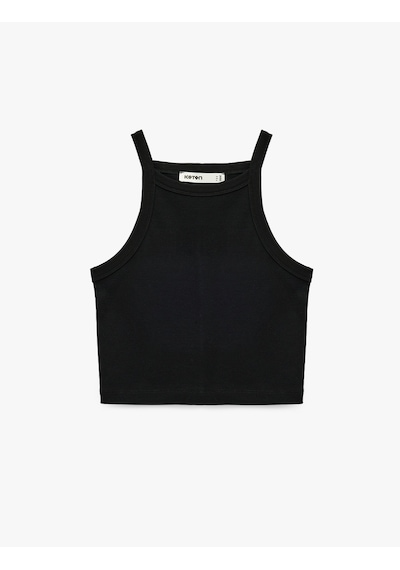 Koton Pamuklu Ribanalı Slim Fit Kolsuz Halter Yaka Crop Top Siyah 6sak10424ek