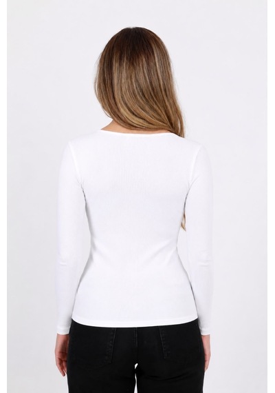 Hdm Kadın Beyaz Uzun Kollu Fitilli Patlı Düğmeli Basic Örme Bluz - H6162