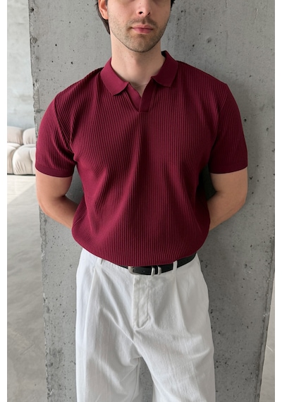 Erkek Petek Desen Polo Yaka Triko T-shirt Bordo