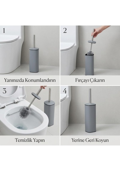 Paslanmaz Çelik Saplı Wc Fırçalık Gri, Kapaklı Tuvalet Fırçası Seti, Hijyenik Saklama Hazneli Banyo Ve Wc Fır Diğer