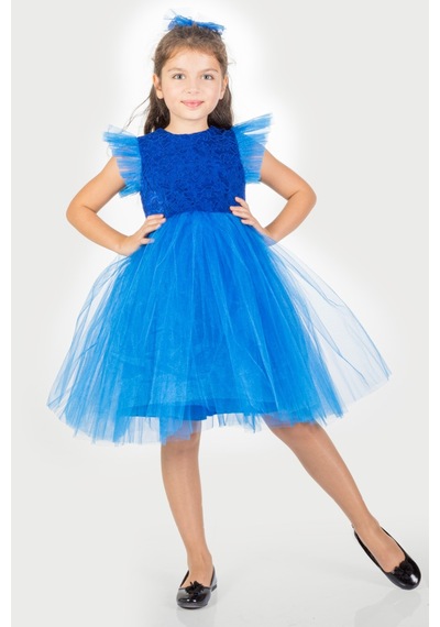 Mnk Baby & Kids Roza Dantel Tütü Kız Çocuk Abiye Elbise Mnk0546 Saks Mavi