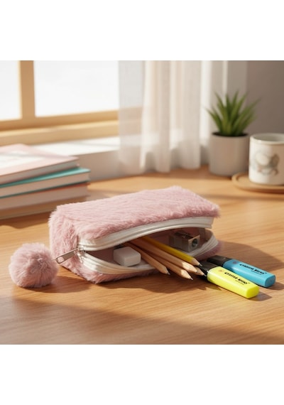 Elegance Peluş Ponponlu Pudra Rengi Kalem Çantası Çok Renkli