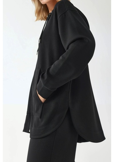 Hiccup Fermuarlı Uzun Kollu Kalçayı Kapatan Kapüşonlu Sweatshirt Siyah