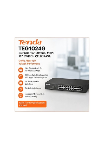 Tenda Teg1024g 24 Port 10/100/1000 Mbps 19" Switch Çelik Kasa