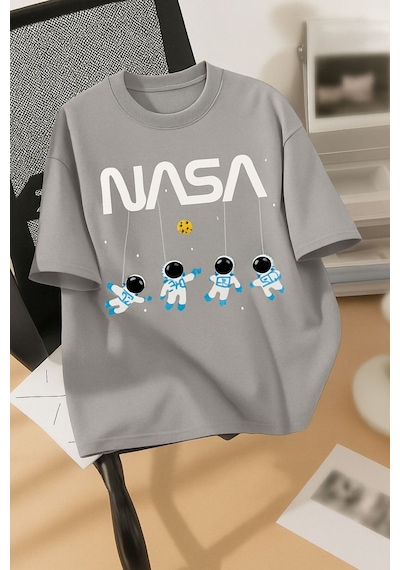 Nasa Baskılı Unisex Tshırt Gri