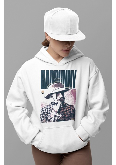 Badbunny Rapper Baskılı Unisex Oversize Şarkıcı Hoodie beyaz