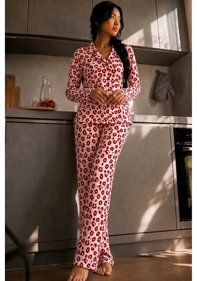 Fit Women Kadın Düğmeli Gömlek Yaka Ev Giyimi Kırmızı Pijama Takımı
