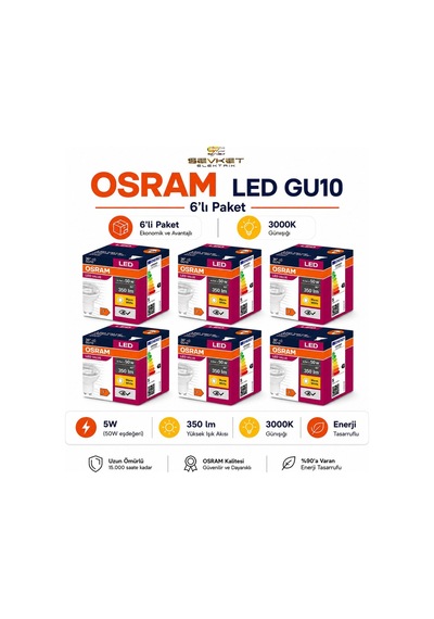 Osram Gu10 6'lı Paket Led Ampul 4.5w 3000k Günışığı 5 Adet
