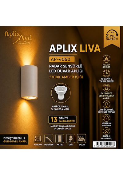 Liva Ap-4050a Radar Sensörlü Led Duvar Apliği 2700k Amber Işık Beyaz Kasa Gu10 Duylu İç Mekan Aydınlatma Amber Rengi